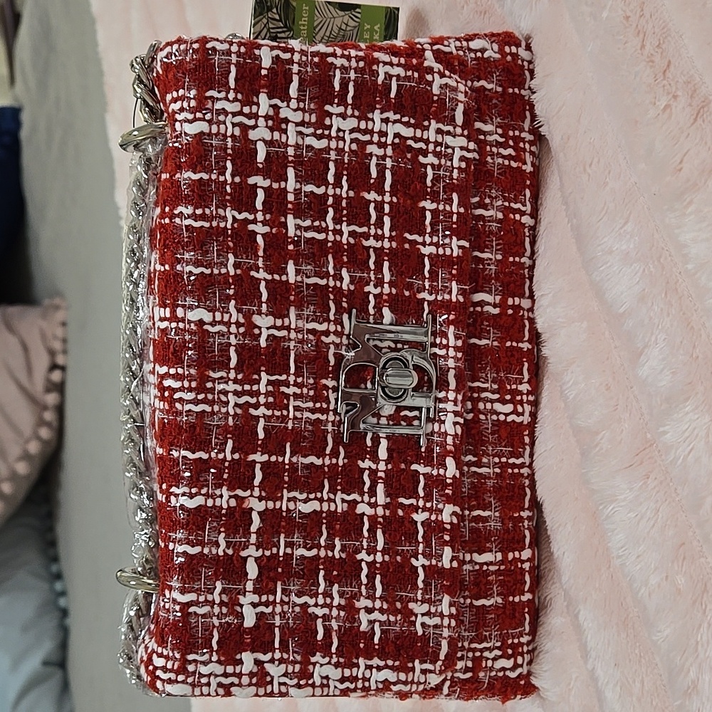 Badgley Mischka Red and White Patterned Messenger Bag NWT